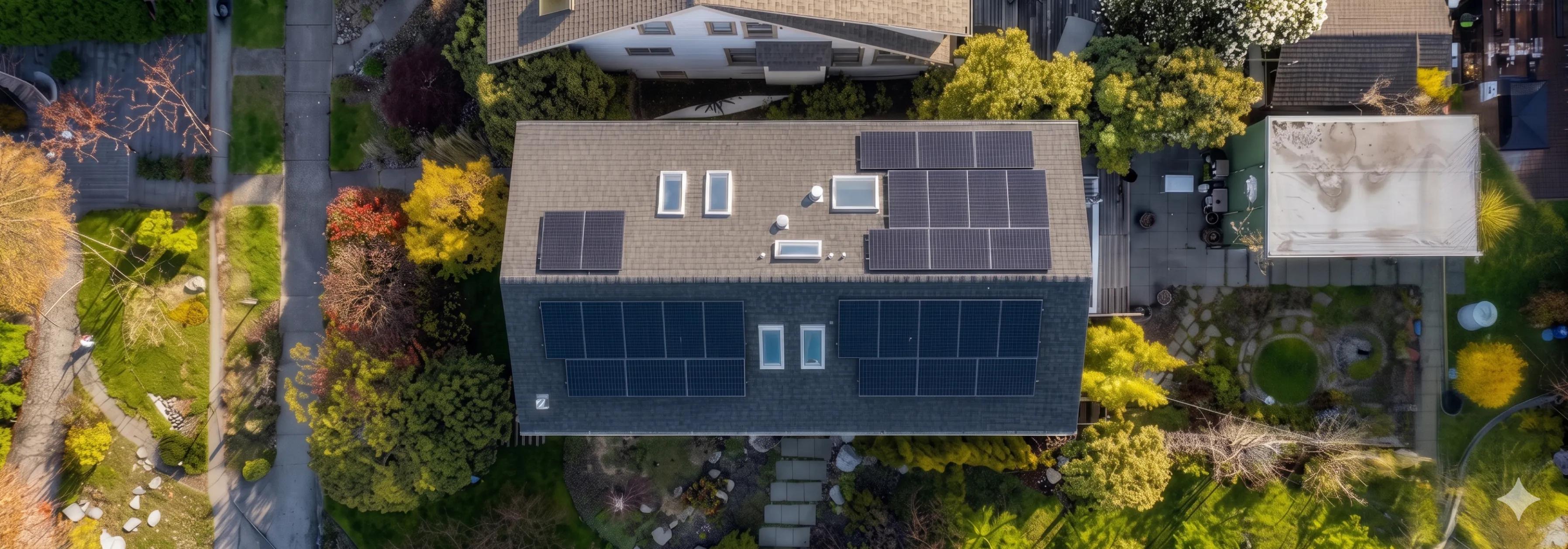 Overhead shot of a modern residential solar array in BC, custom-designed to maximize energy production under BC Hydro’s self-generation program.