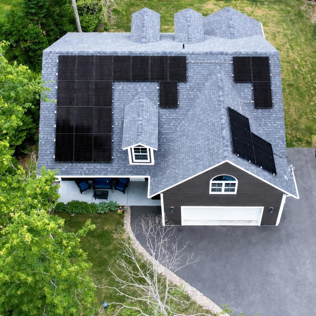 Demonstrating the versatility of solar energy systems, featuring a modern residential home with rooftop solar panels and battery storage.