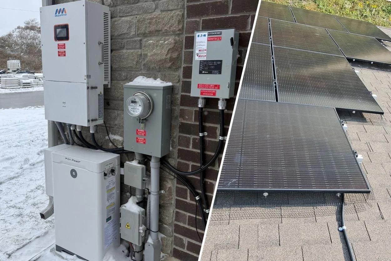 A Pion Power battery and inverter installed in a house which has a solar energy system on it’s roof.