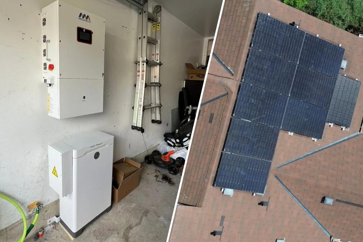 A Pion Power battery and inverter installed in a house which has a solar energy system on it’s roof.