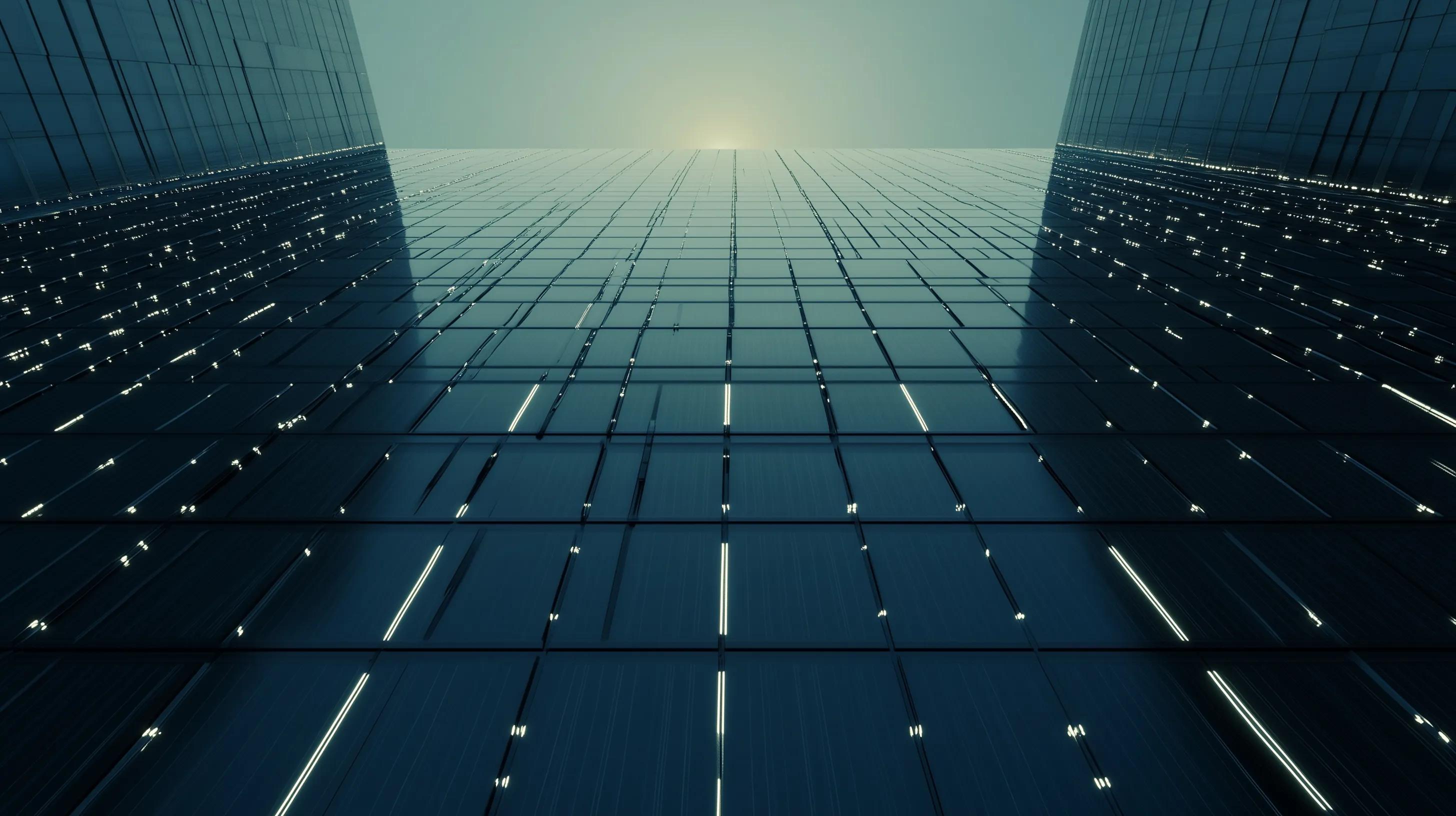 Abstract close-up of a sleek, dark glass grid pattern on a modern corporate building facade, symbolizing commercial solar infrastructure and business energy storage engineering.