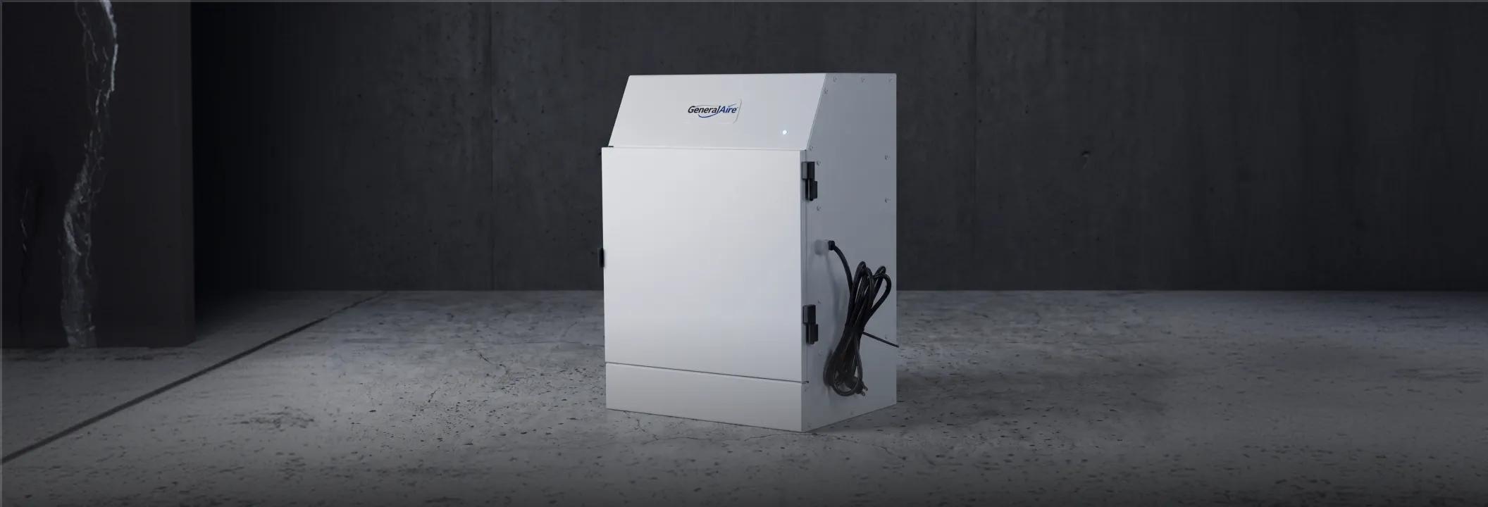 A white Sanuvox residential air purification system utilizing advanced HEPA and UV air filtration.