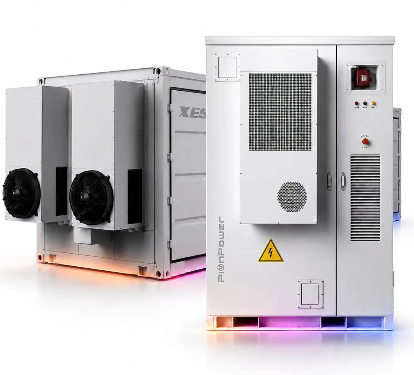 Air-cooled outdoor battery energy storage cabinets with external fan units.