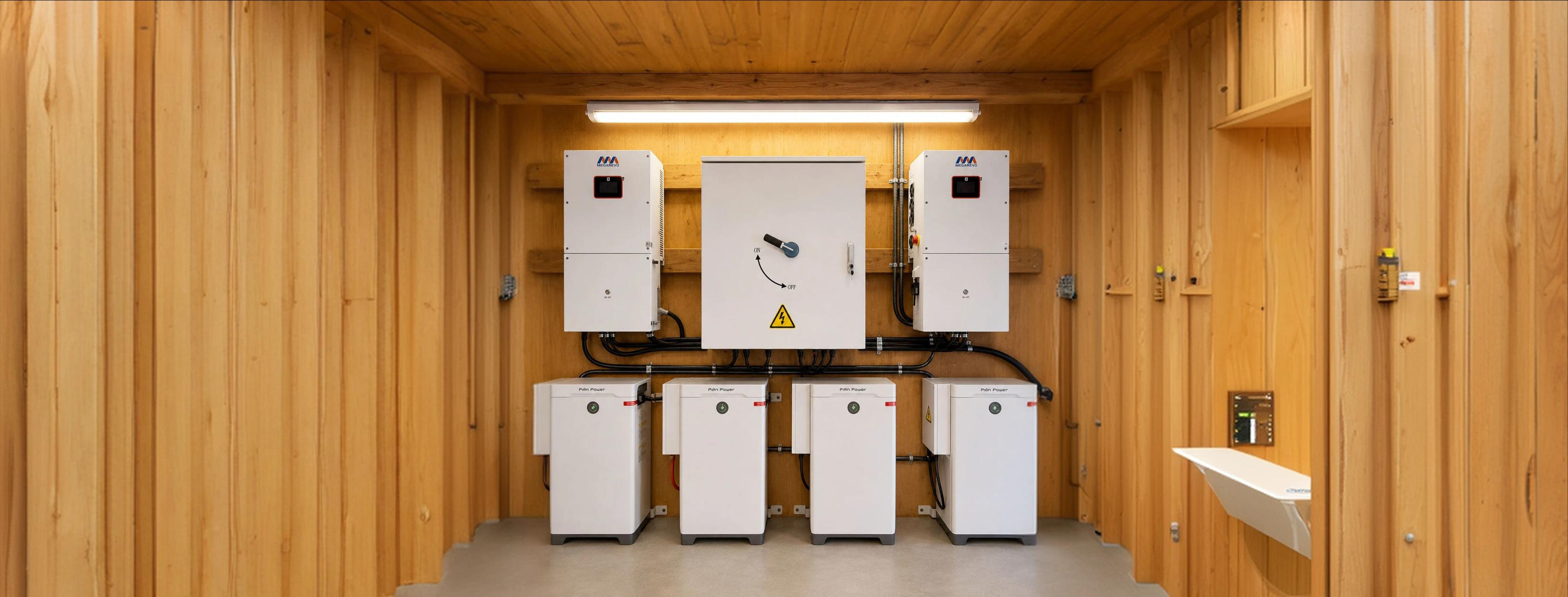 Four white battery units below two wall-mounted inverters and a disconnect box in a cedar-lined plant room.