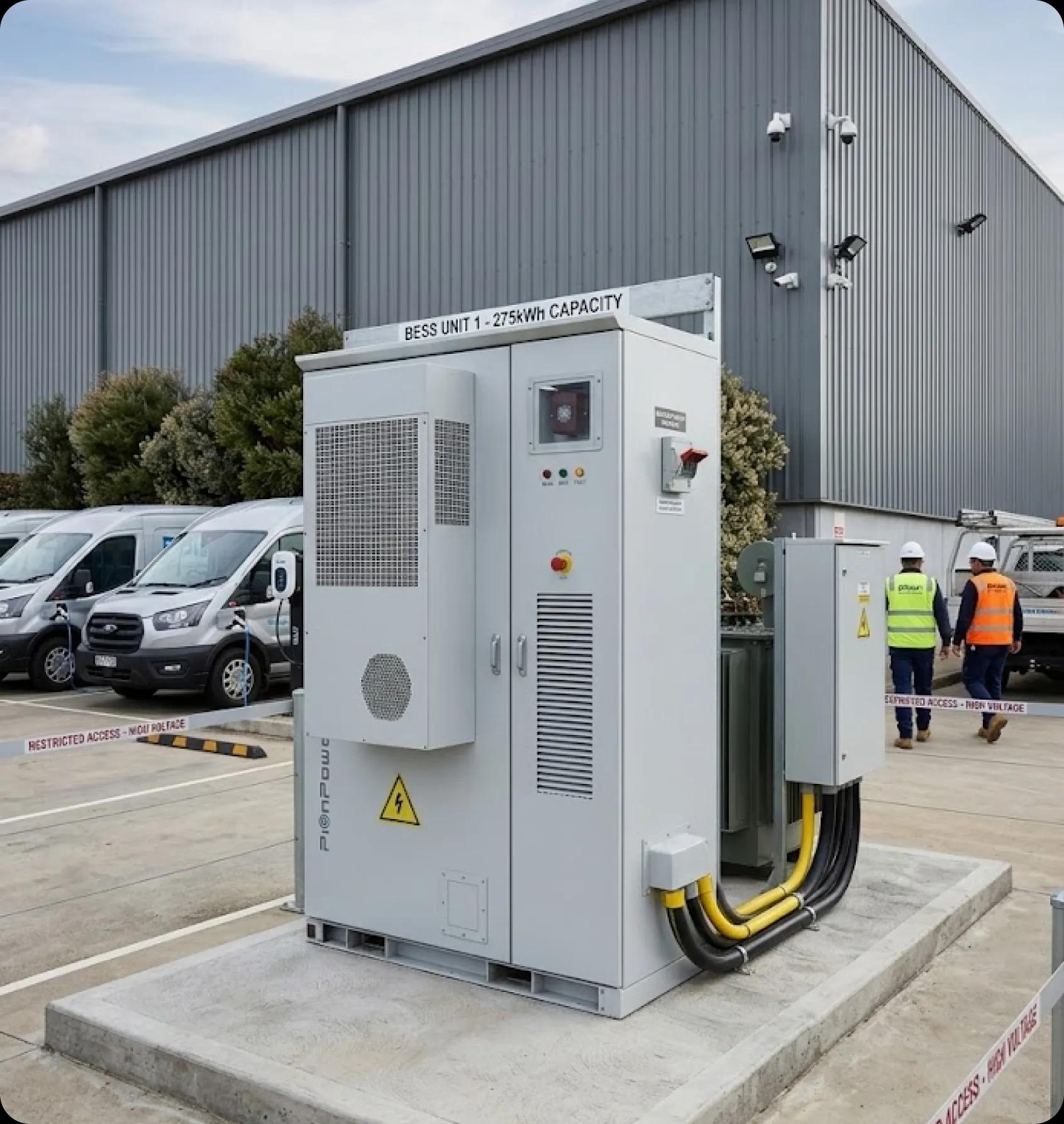 A 275kWh BESS cabinet on a concrete pad outside a commercial warehouse, with technicians walking past.