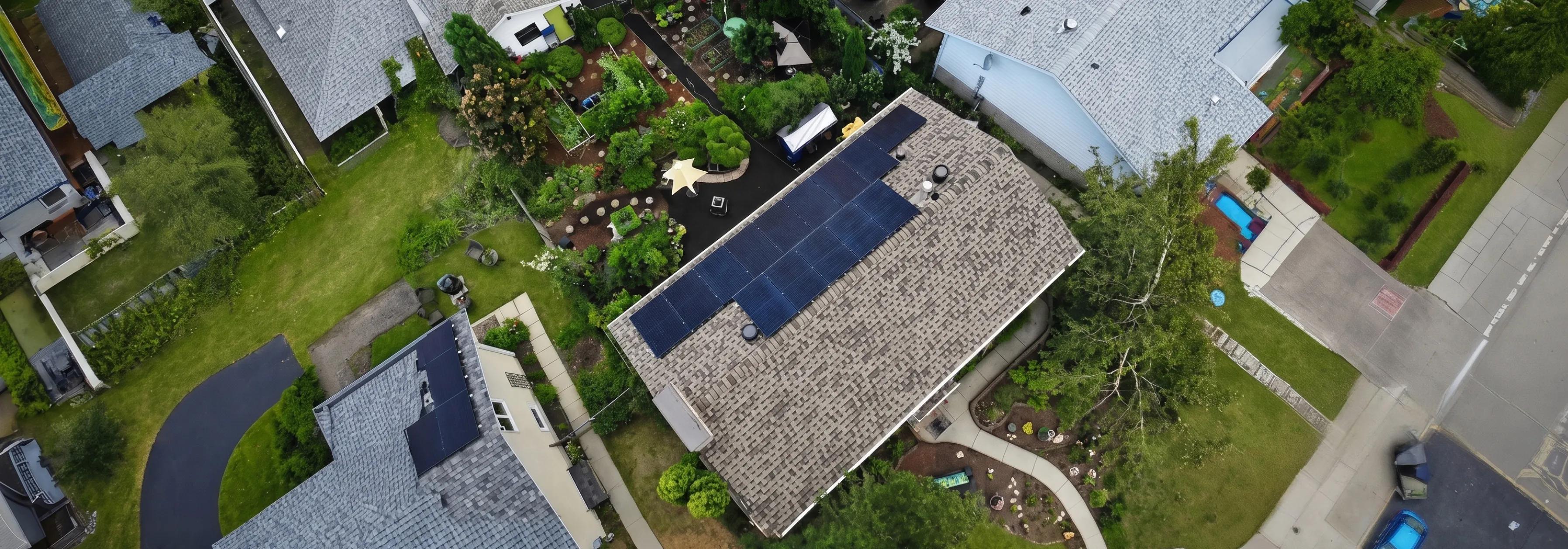 Aerial view of a high-efficiency residential solar installation on a detached garage next to a modern backyard pool in Alberta.