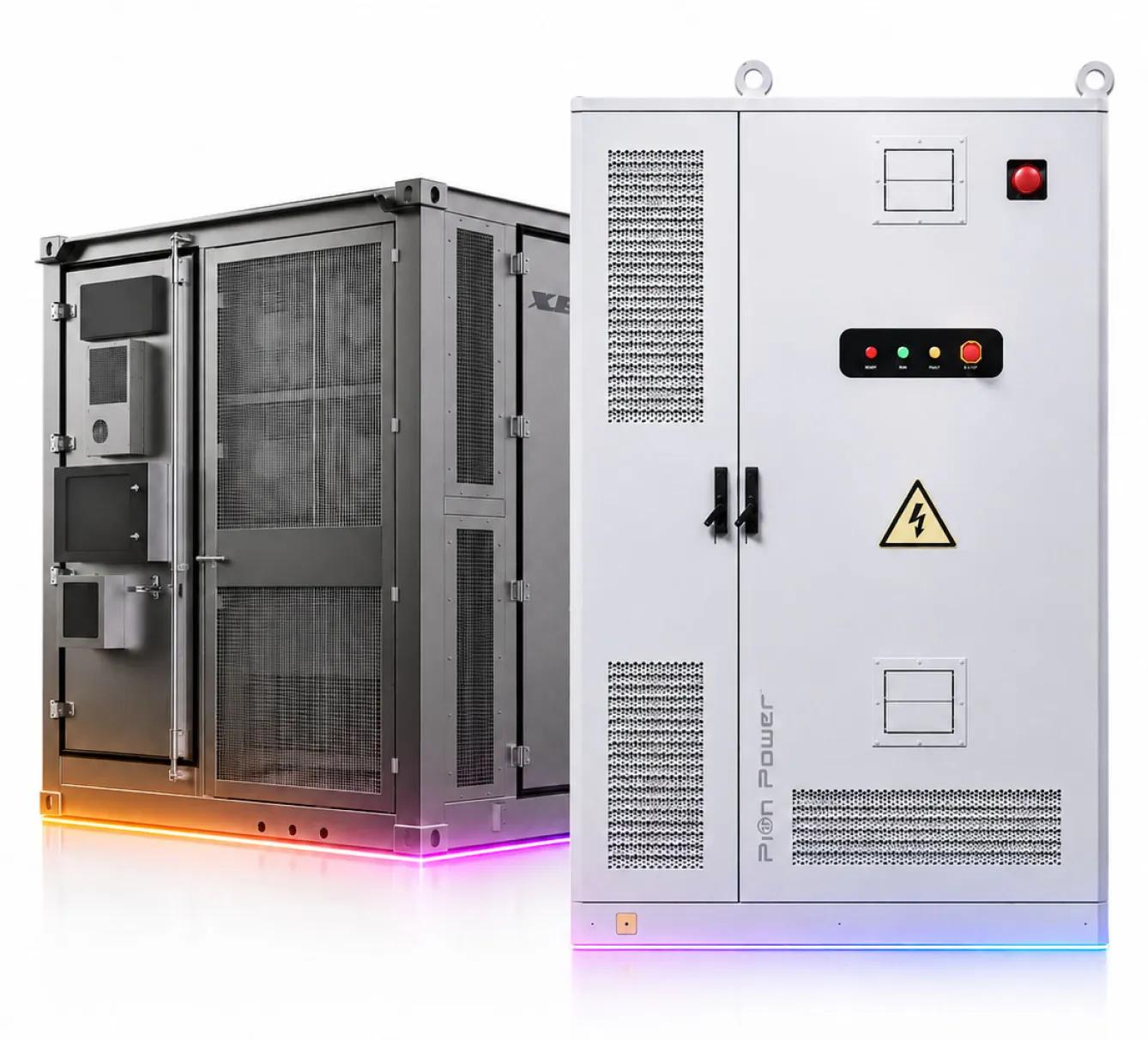 Liquid-cooled outdoor battery energy storage cabinets lit along the base.