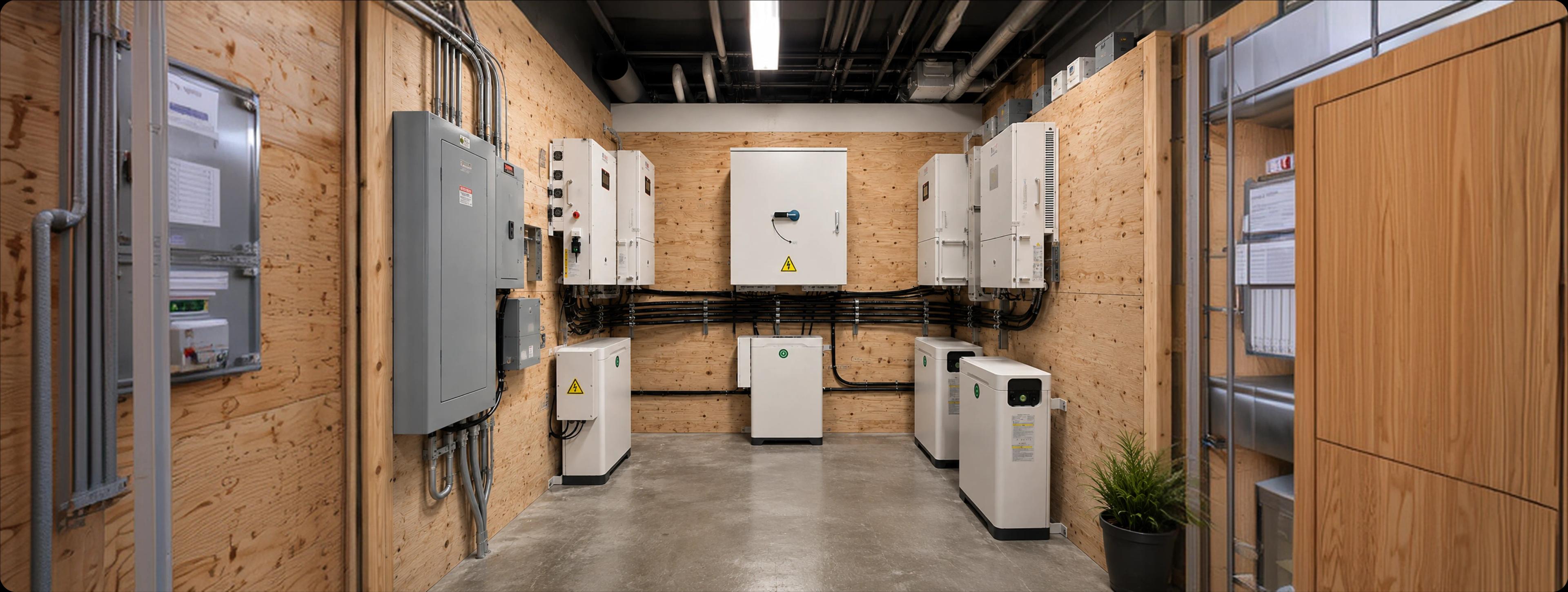 Four white floor-standing BESS units and wall-mounted inverters in a plywood-lined plant room with a concrete floor.