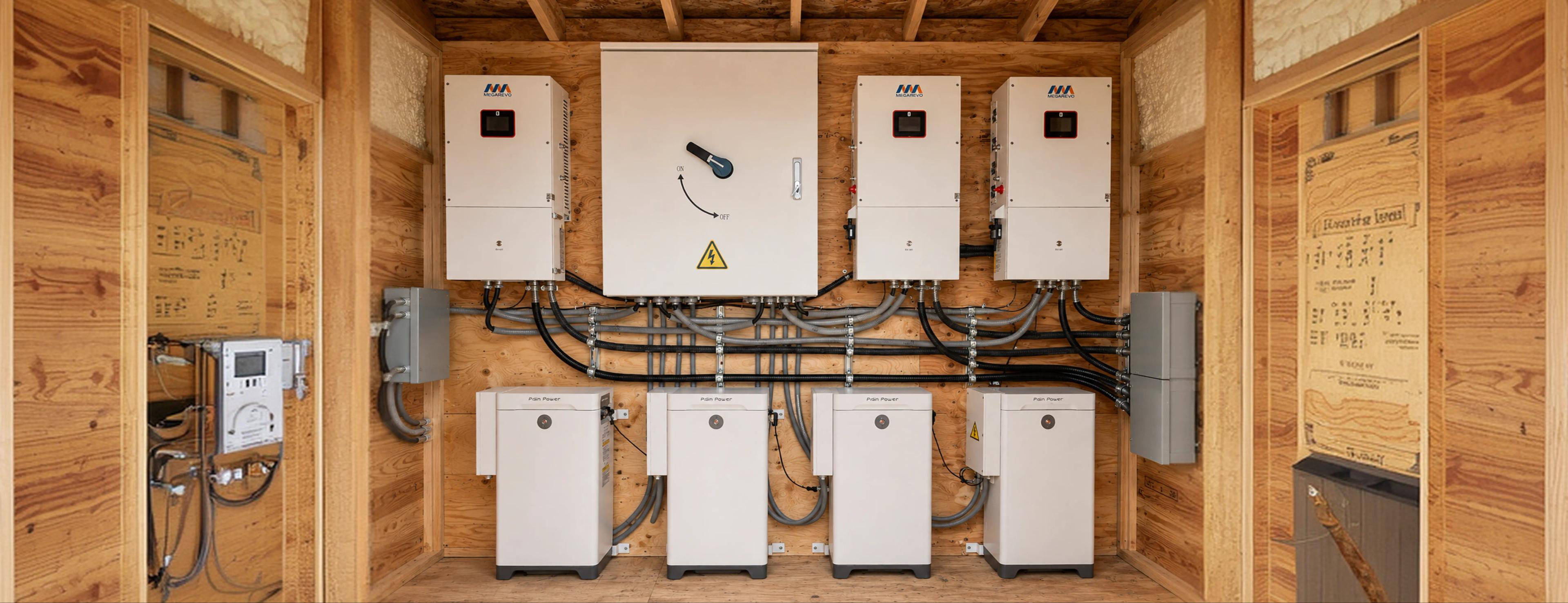 Battery units and inverters mounted across the plywood wall of a multi-family building's mechanical room.