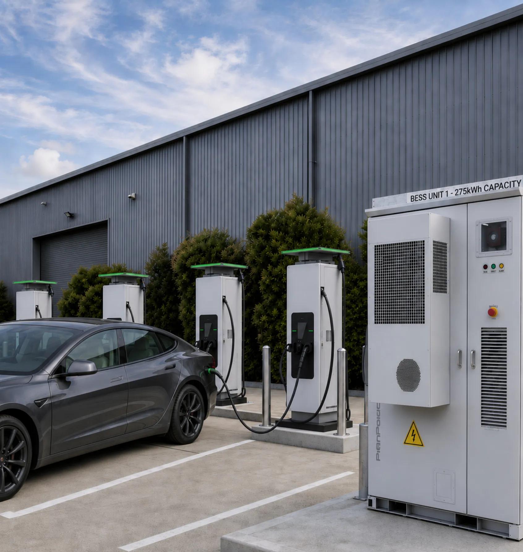 A commercial battery storage cabinet next to an EV charging station in a company car park.