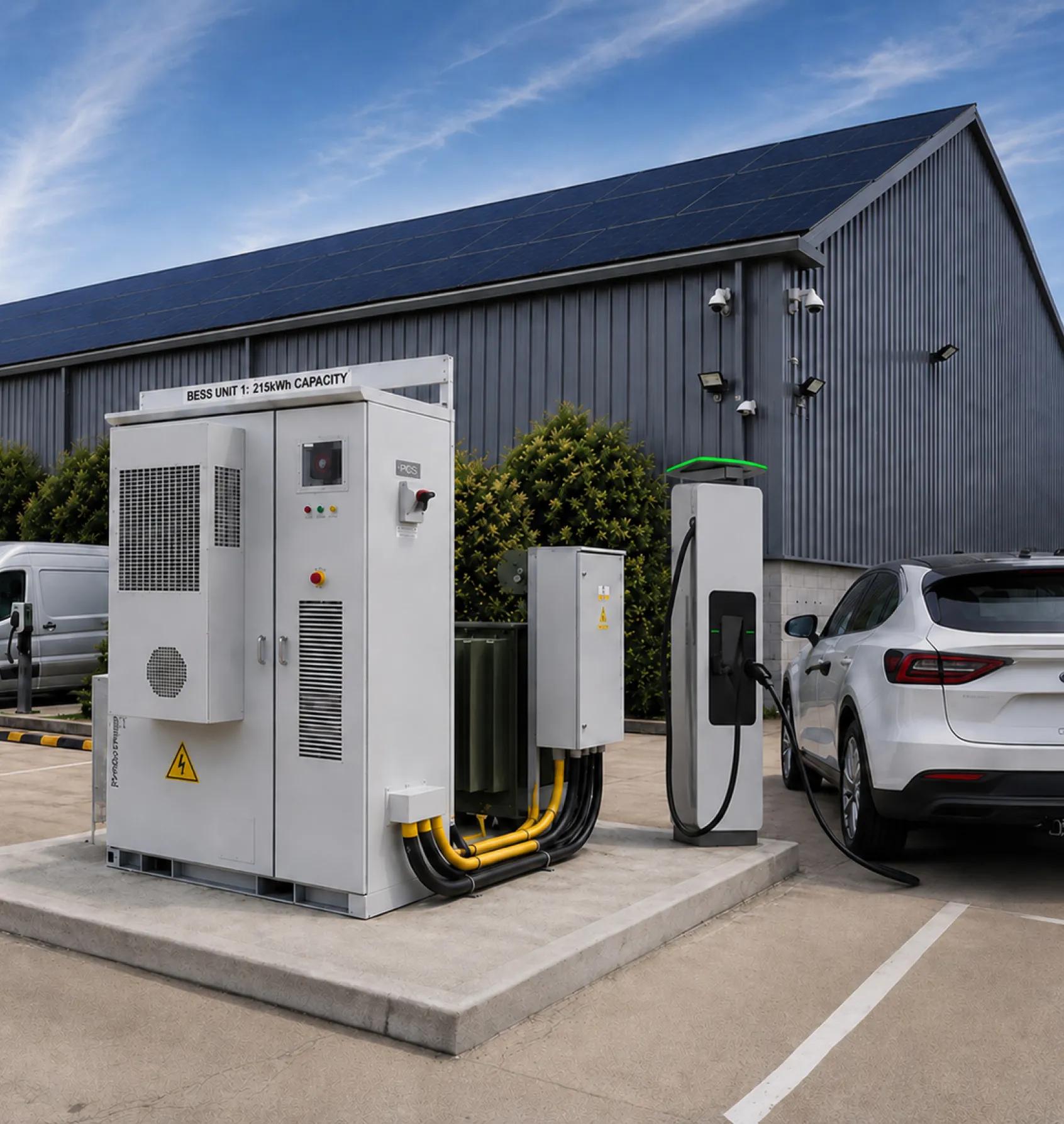 A BESS cabinet, EV charger and car parked beside a solar-panelled warehouse roof.
