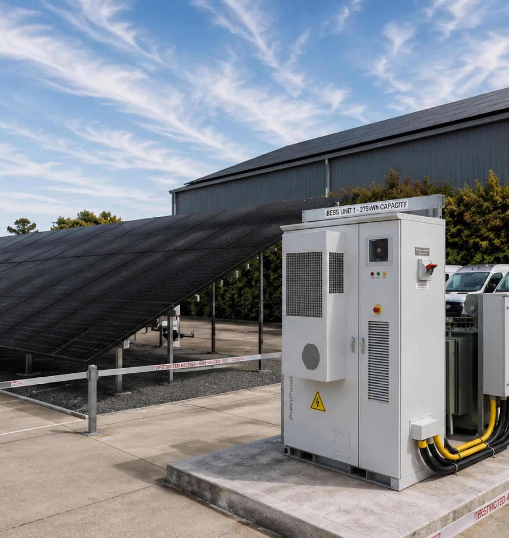 A commercial battery storage cabinet beside a warehouse roofed with solar panels.