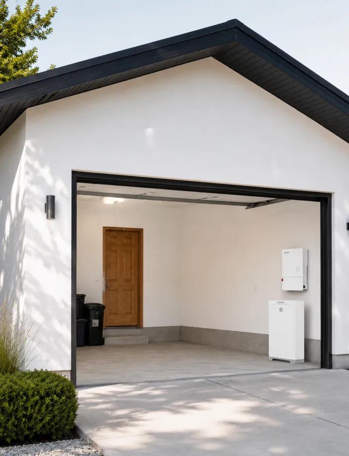Indoor wall-mounted residential solar battery storage and hybrid inverter system installed neatly inside a clean home garage for space-saving efficiency.