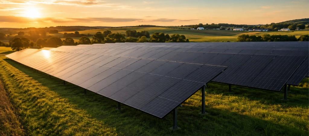 Ground-mounted commercial solar farm at sunset