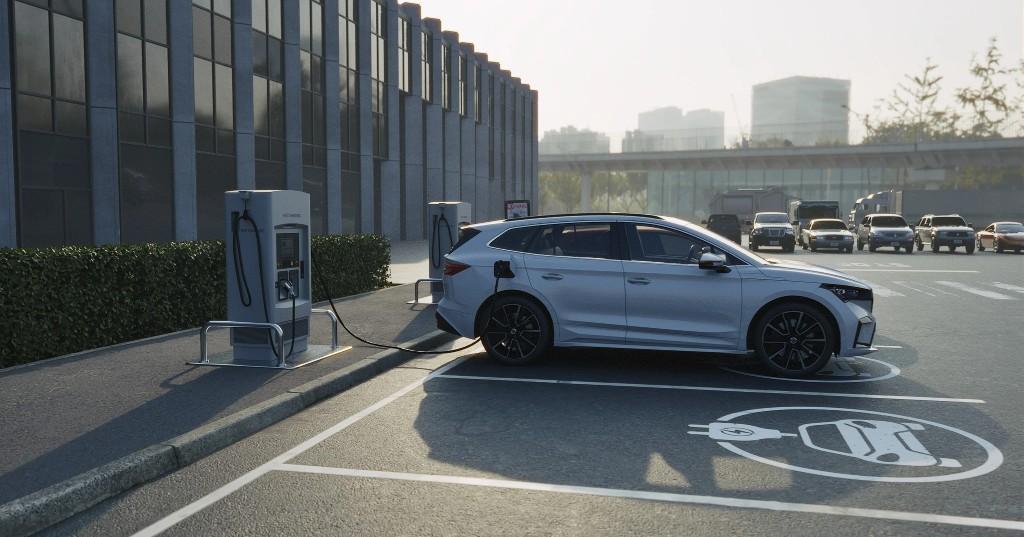 Commercial EV charging stations at a business parking lot