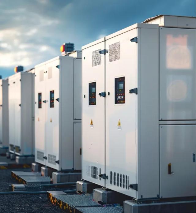Row of white commercial battery storage cabinets with status panels under a cloudy sky.