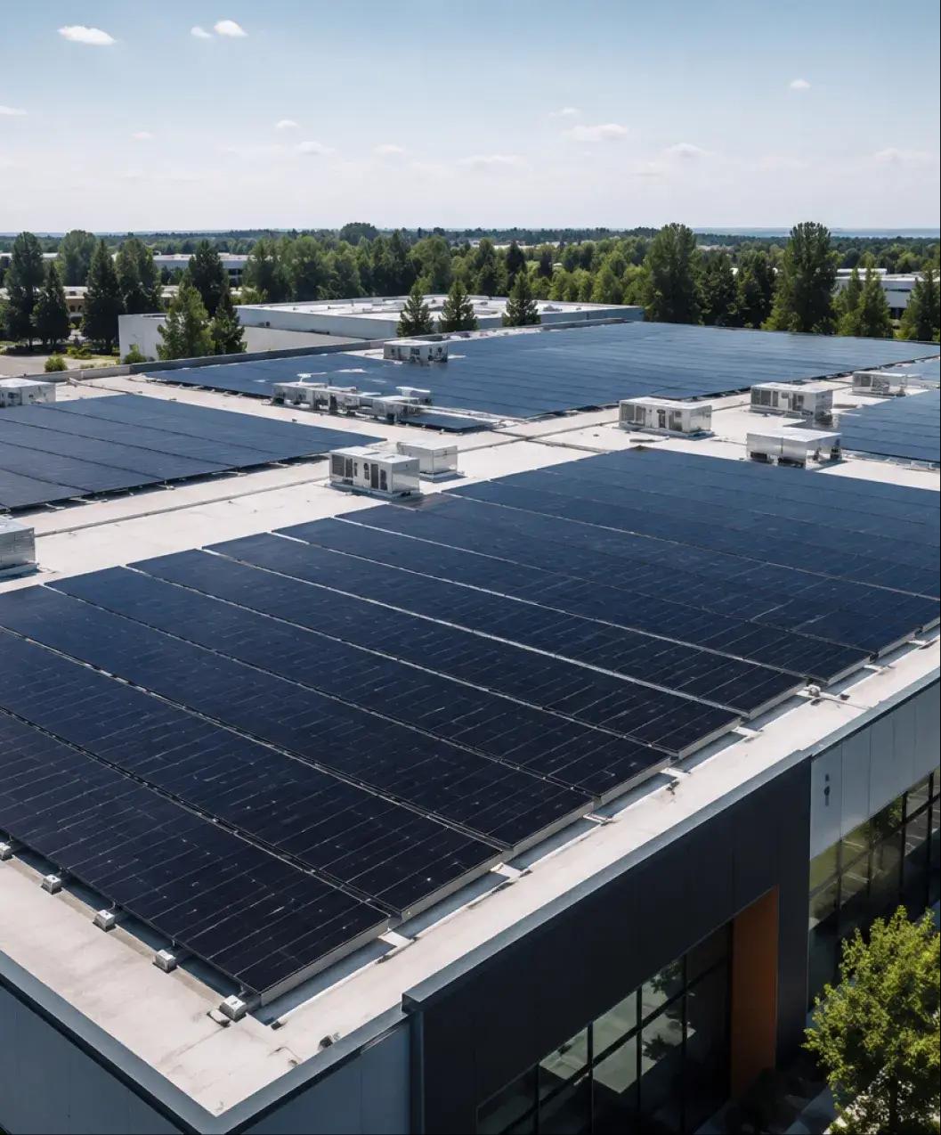 Aerial view of a commercial building with solar panels covering its flat roof.