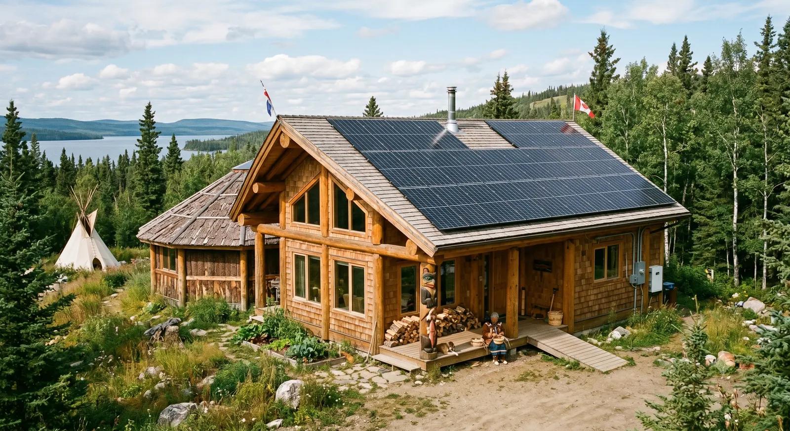 Aerial view of Indigenous community buildings with rooftop solar panels