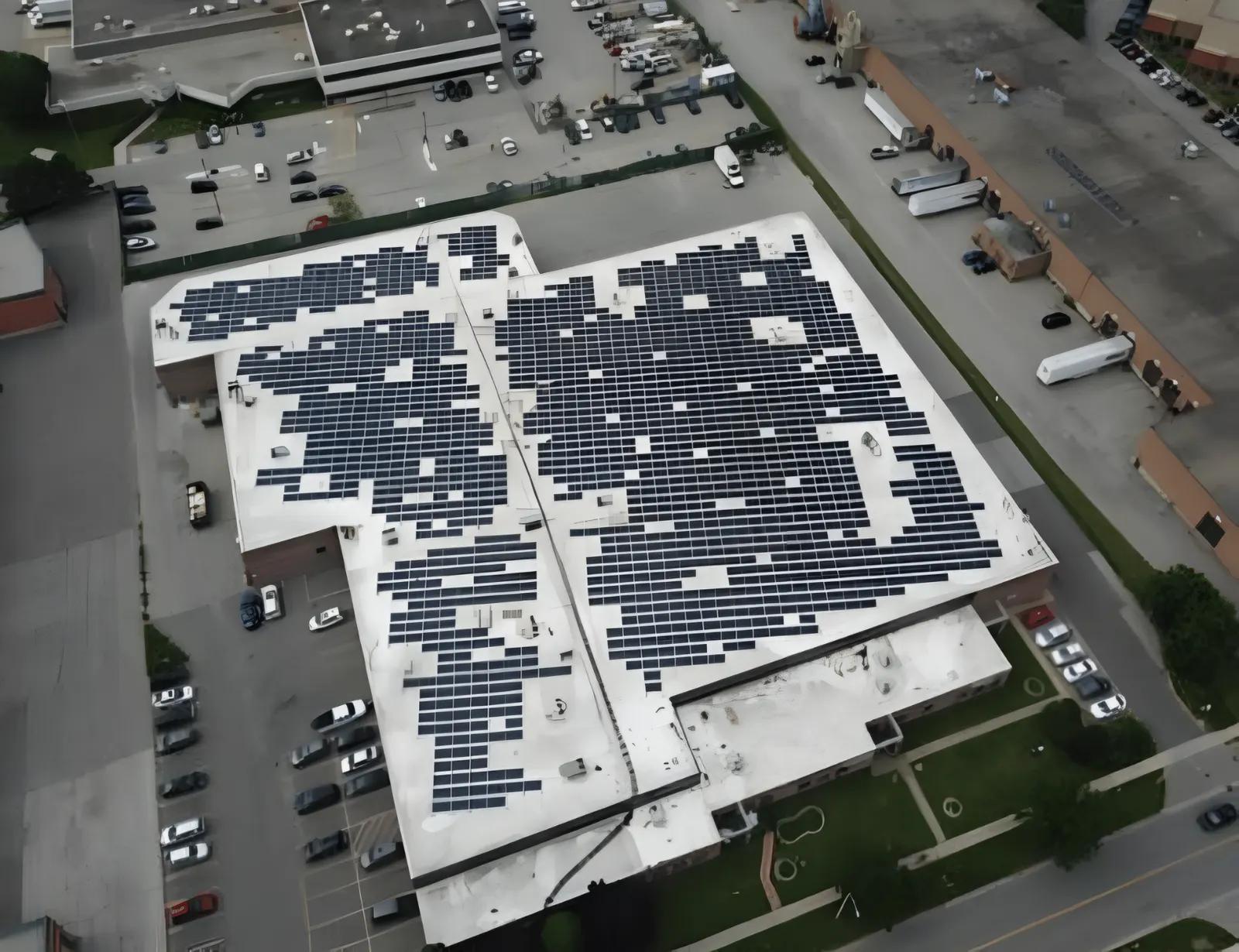 Aerial view of an industrial facility with rooftop solar panels