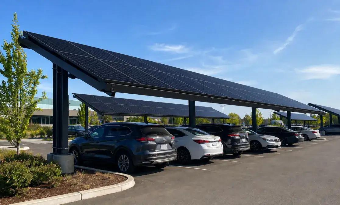 Solar carport canopy covering a row of parked cars.
