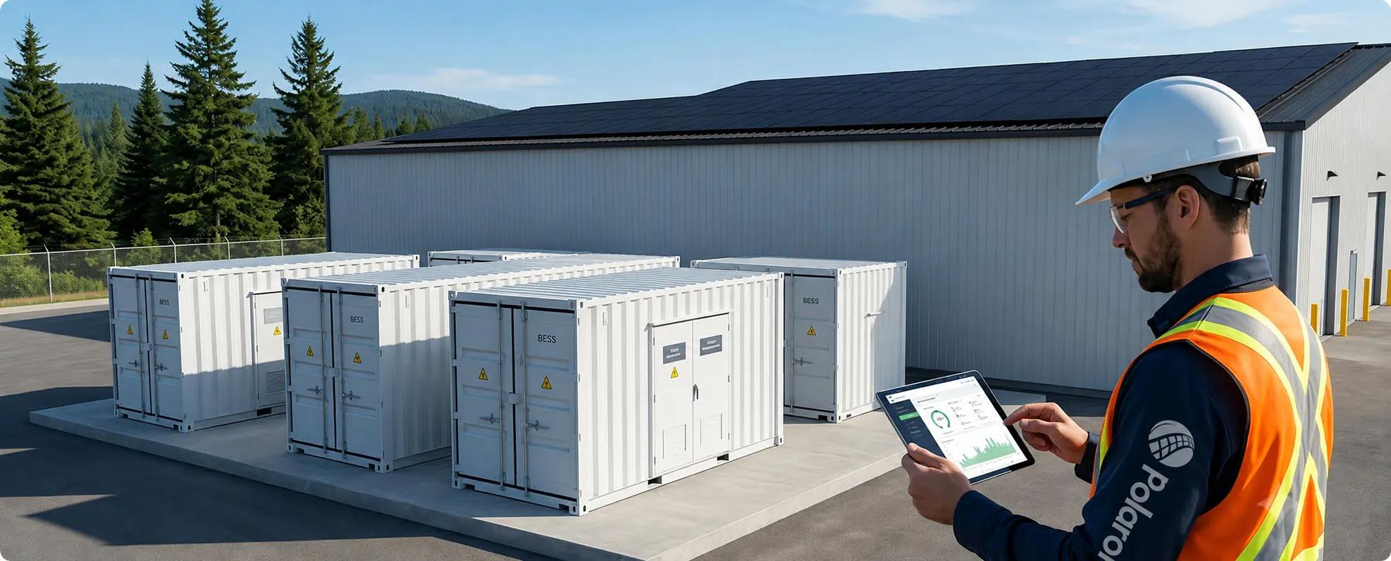 Polaron commercial solar and battery storage site with technician reviewing system data on a tablet