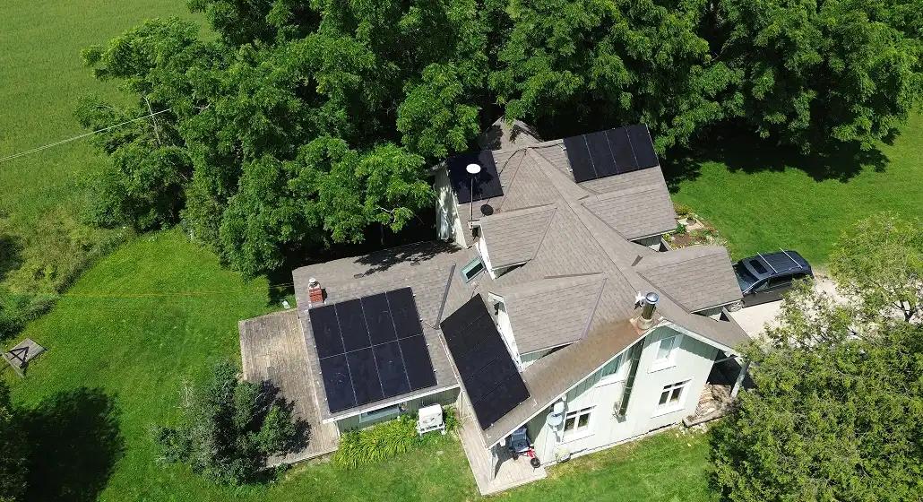Aerial view of a custom Ontario solar panel array optimized for peak sunlight and battery storage performance.